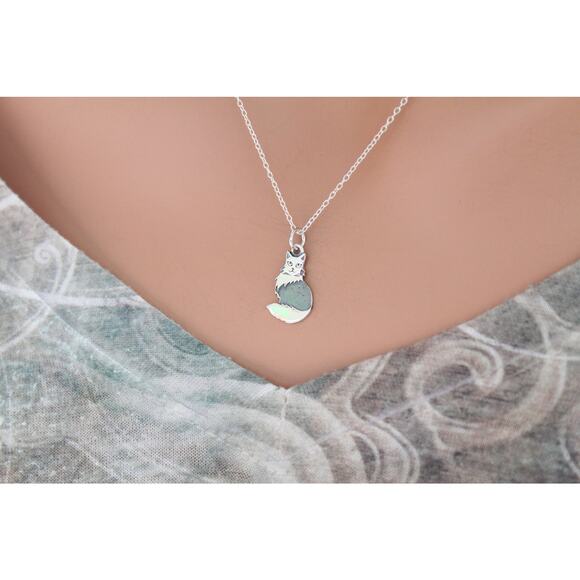 Sterling Silver Fluffy Cat Charm Necklace, Silver Fluffy Cat Charm Necklace - Picture 2 of 3